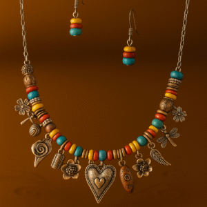 Hearts & Flower Theme Charm Necklace & Earrings