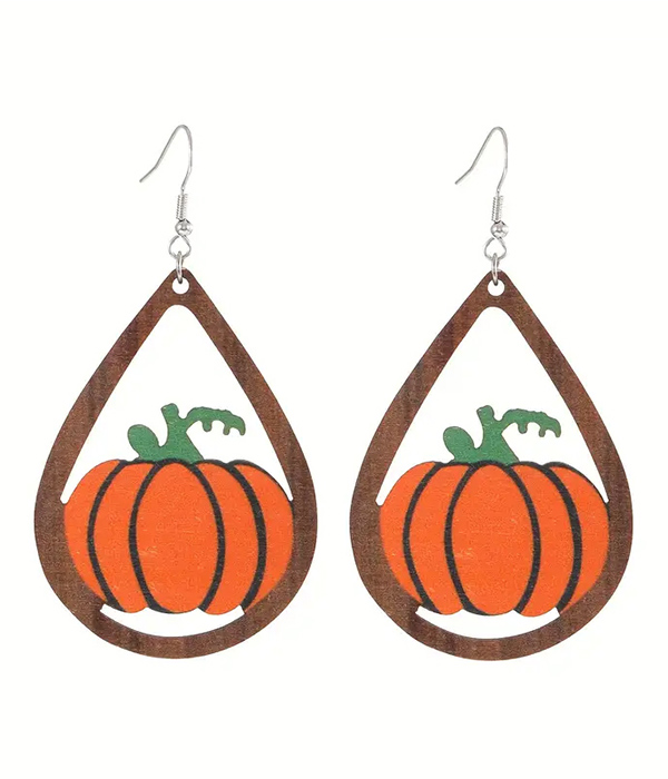 Halloween theme wood teardrop earring - pumpkin