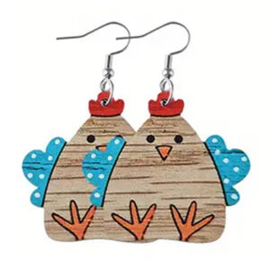 Farm theme wood chicken boots earrings