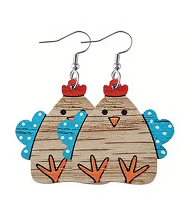 Farm theme wood chicken boots earrings