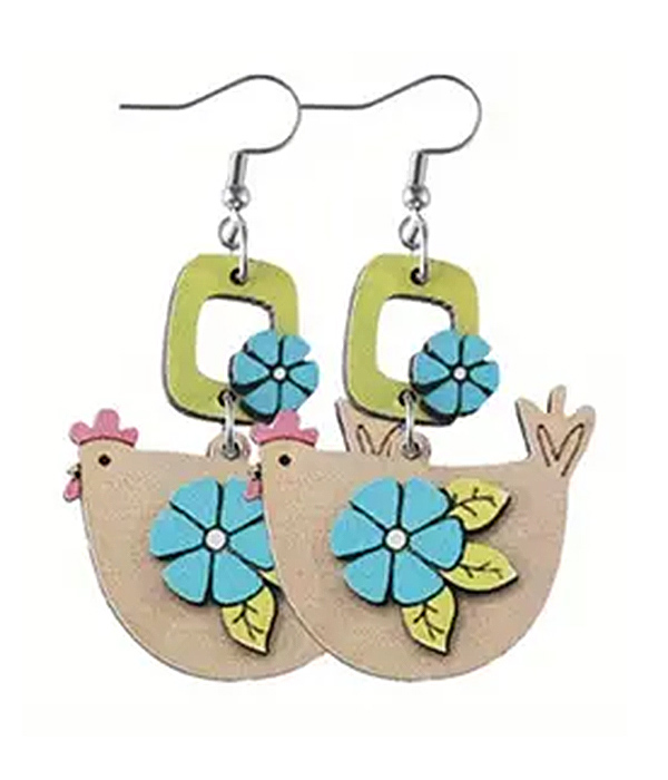 Farm theme wood chicken boots earrings