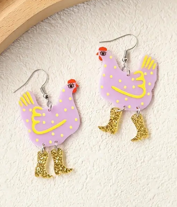 Farm theme wood chicken boots earrings