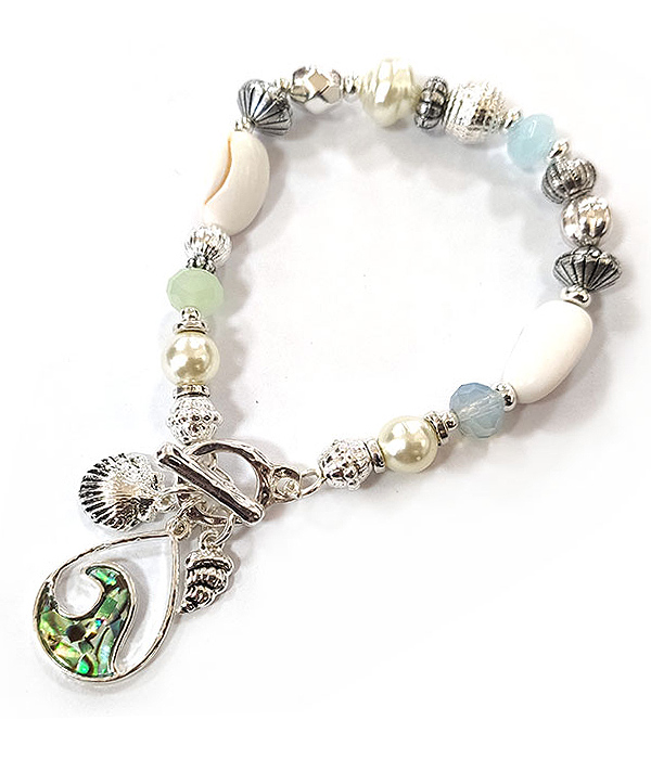 Sealife theme mixed bead and abalone pendant toggle bracelet