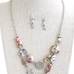 Cat theme multi charm link bib necklace set