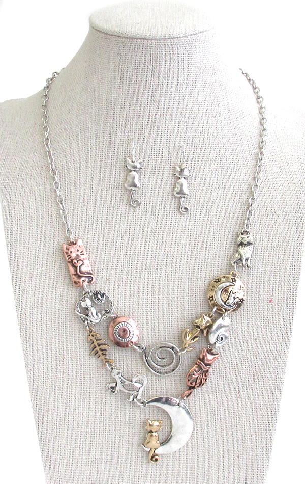 Cat theme multi charm link bib necklace set