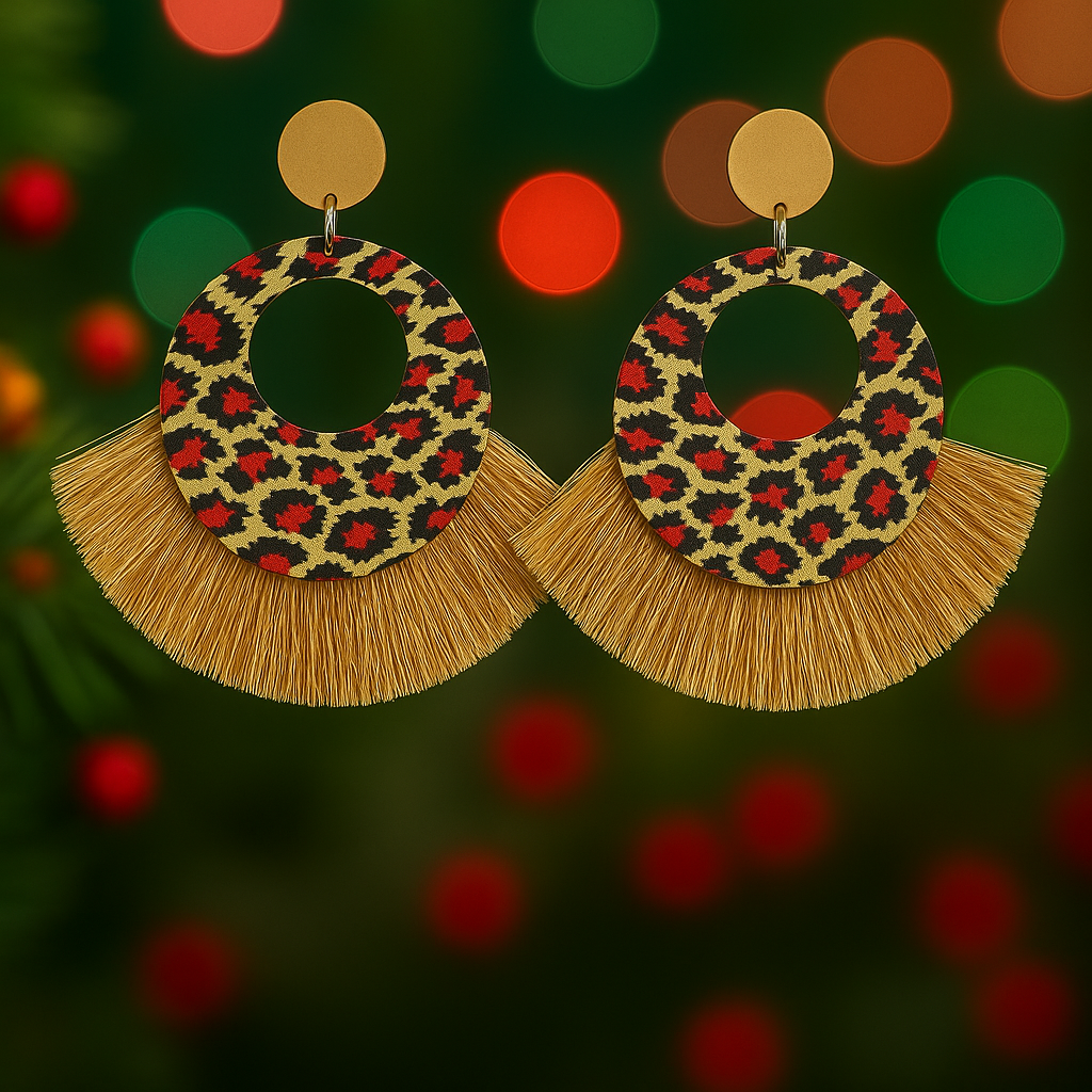Animal print hoop and fan tassel earrings