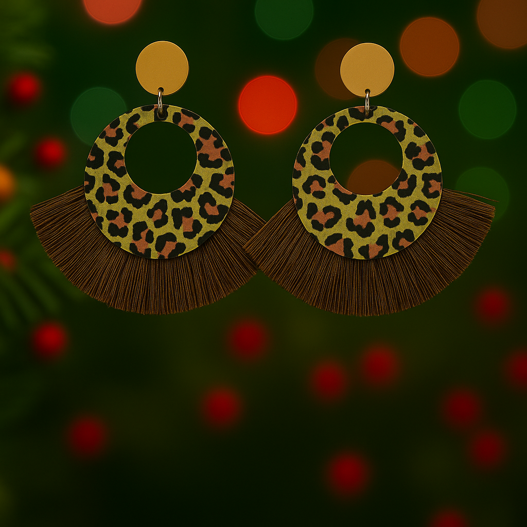 Animal print hoop and fan tassel earrings