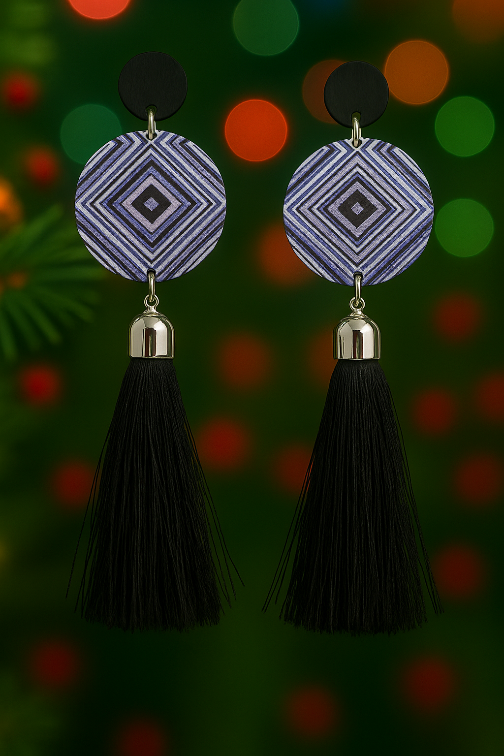 Pattern print disc and tassel drop earrings
